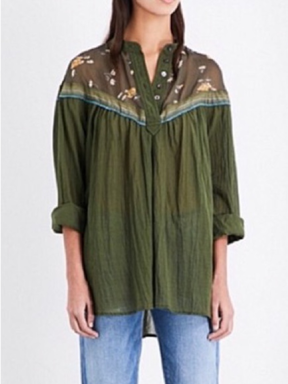 Free people Olive Green Embroidered V-Neck Women’s Top
